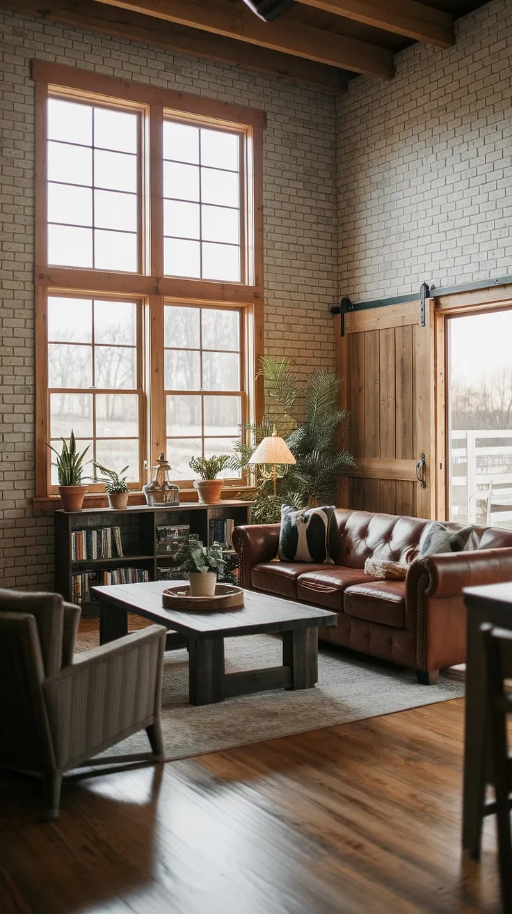 Rustic charm meets modern comfort in this barn house living room. The exposed brick walls, large windows, and thoughtfully chosen furniture create a warm and inviting space, perfect for relaxing after a long day. A blend of textures and natural elements brings the outdoors in, while the carefully curated details add a touch of sophisticated country style.