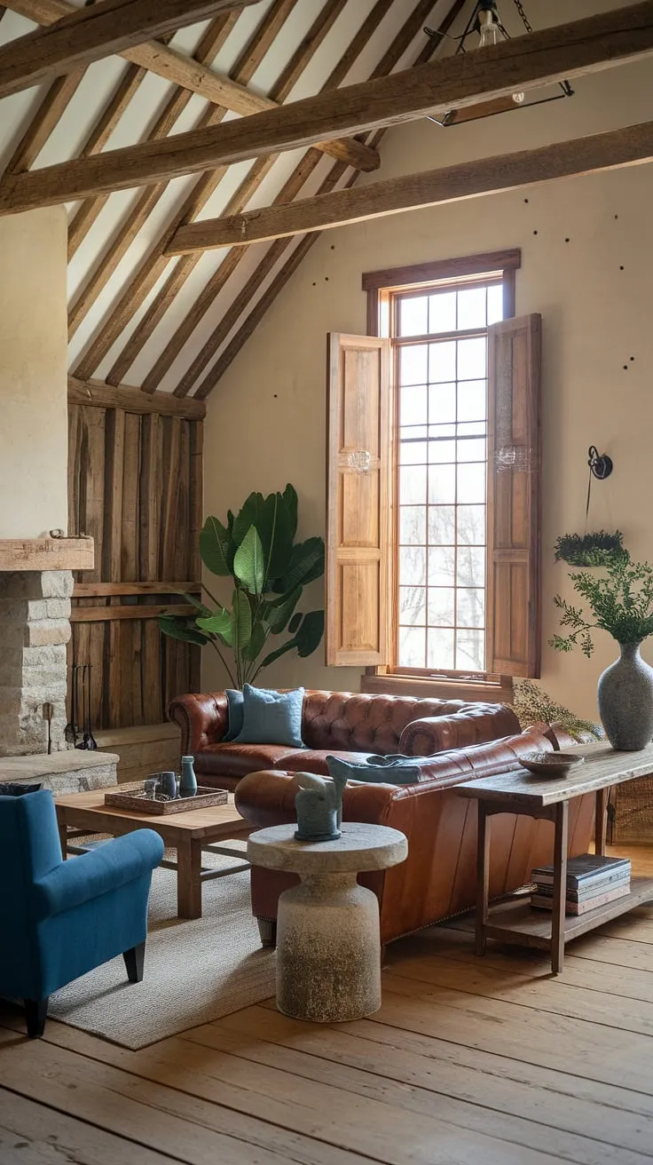 Rustic charm meets modern comfort in this barn house living room. The exposed wooden beams, stone fireplace, and large window with wooden shutters create a warm and inviting atmosphere, perfectly complemented by the rich leather sofa and cozy armchair. A testament to the beauty of blending old-world character with contemporary style.