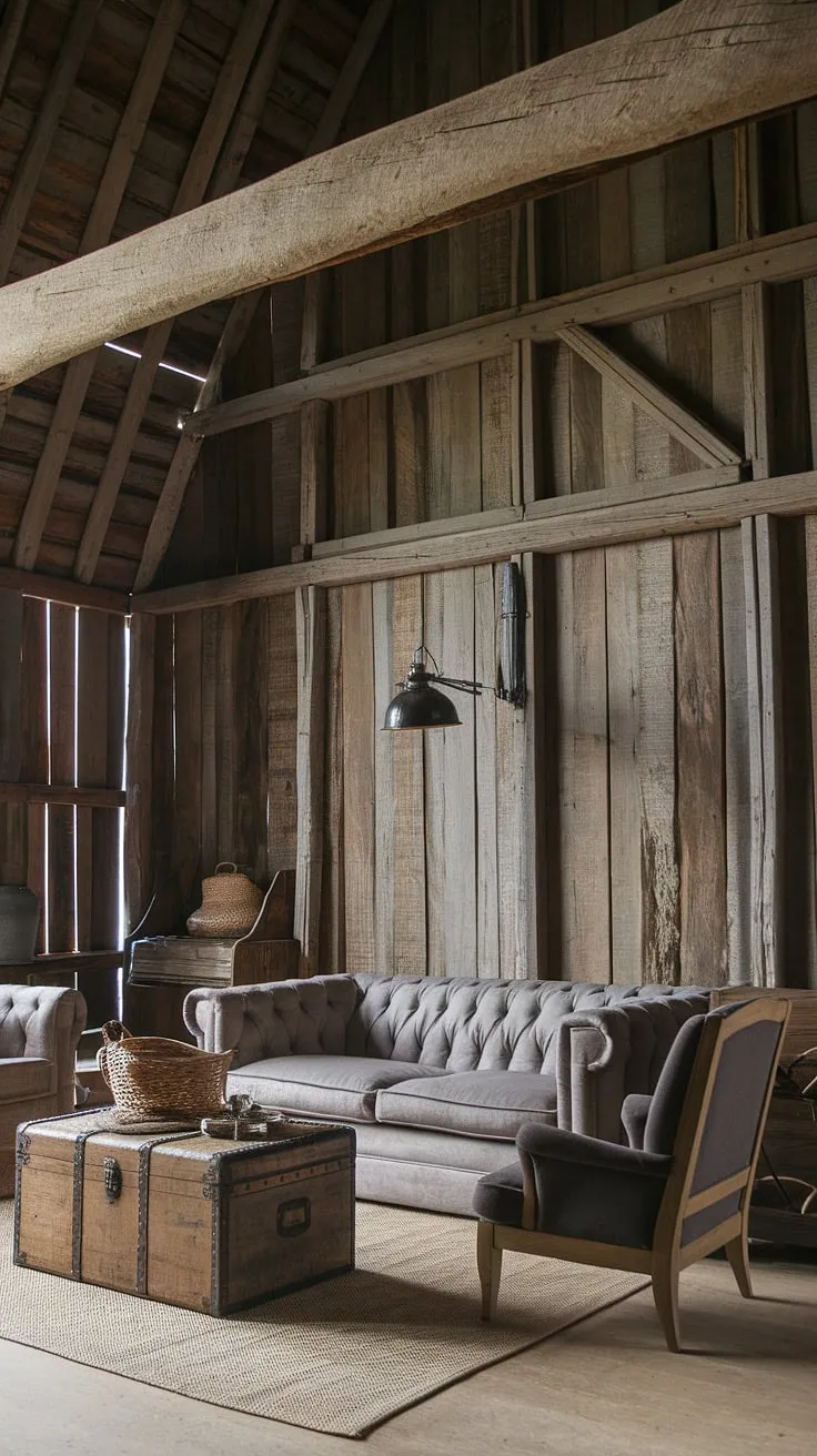 The exposed beams and aged wood of this barn house living room tell a story, while the plush grey sofa and modern lighting offer a touch of contemporary elegance. A carefully curated collection of textures and tones-from the woven basket to the dark grey armchair-creates a space that is both rustic and refined, a testament to the beauty of blending old and new. The result is a living room that feels both lived-in and luxuriously comfortable.