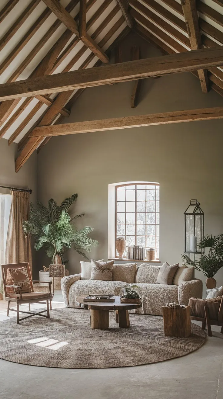 Rustic charm meets modern comfort in this barn house living room. The high ceilings and exposed beams create a sense of spaciousness, while the textured sofa and geometric rug add warmth and personality. A perfect blend of old and new, this space is effortlessly inviting and a beautifully styled.