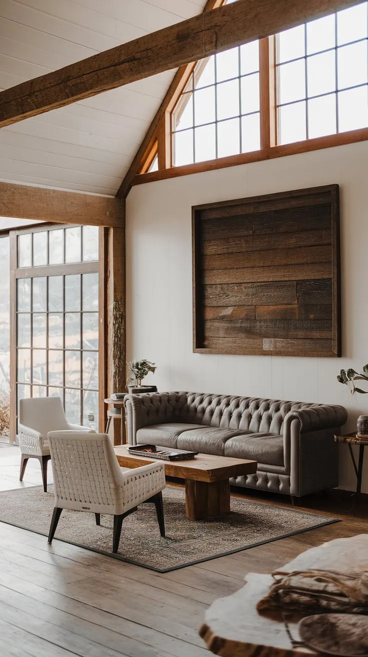 This barn house living room effortlessly blends rustic elements with contemporary design. The exposed wooden beams and hardwood floors provide a warm, inviting foundation, while the modern gray sofa and woven chair offer a touch of sophistication. The carefully chosen rug and coffee table complete the look, creating a space that is both comfortable and aesthetically pleasing. A large dark wood frame adds a final touch of rustic elegance.