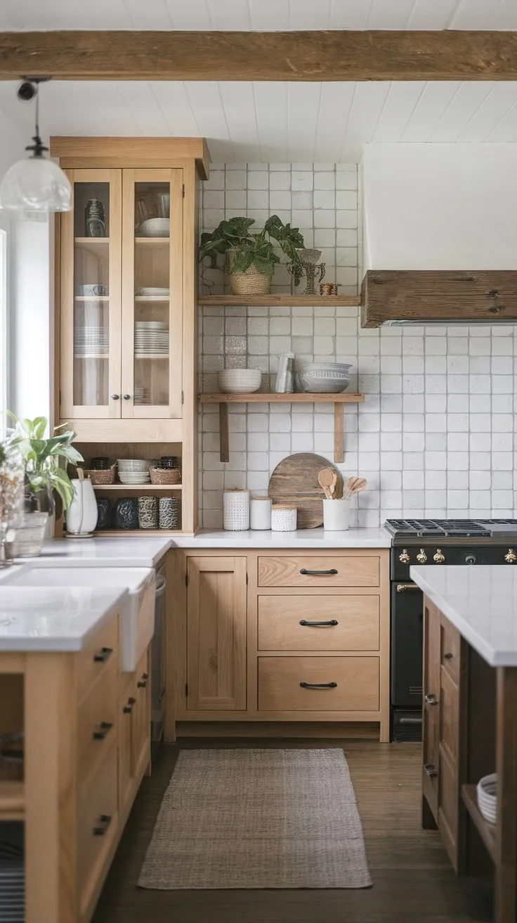 Featuring light wood cabinets and white countertops, this rustic modern kitchen harmoniously combines farmhouse charm with contemporary design elements, including a striking backsplash and a mix of light and dark wood finishes.