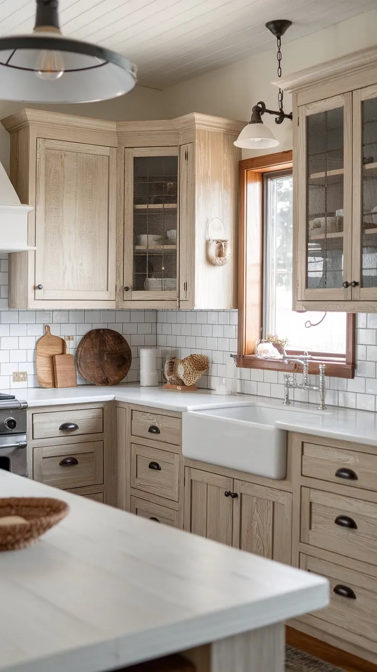 With its light wood cabinets, white countertops, and charming farmhouse sink, this rustic modern kitchen showcases a perfect fusion of country kitchen design and modern kitchen aesthetics.