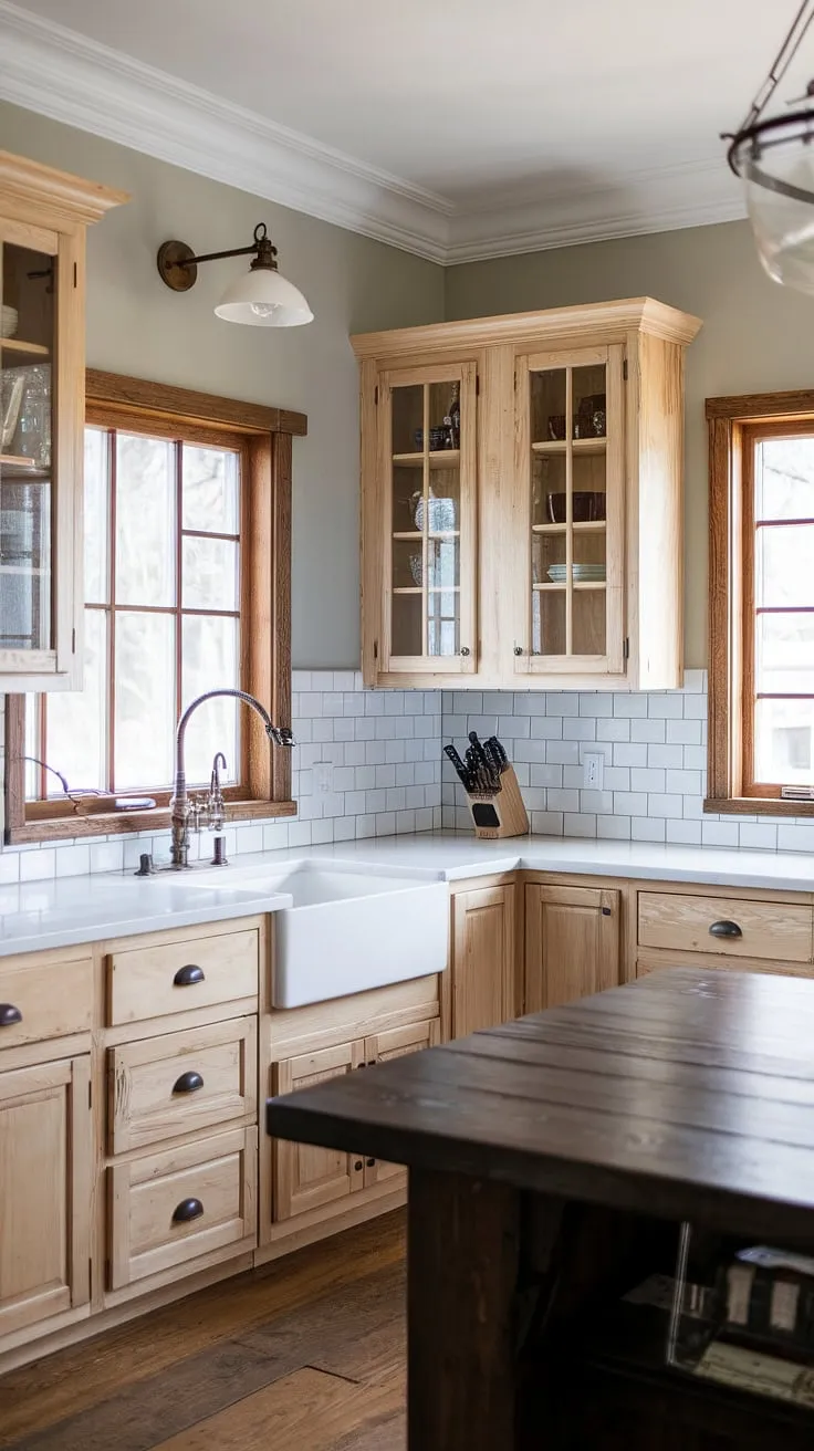 With its light wood cabinets, white subway tile backsplash, and a striking dark wood island, this rustic modern kitchen captures the essence of a country kitchen design infused with modern kitchen aesthetics.