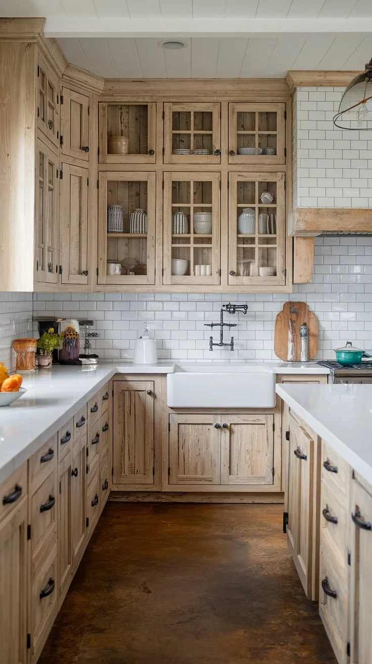 With its distressed light wood cabinets, white countertops, and rustic concrete floor, this farmhouse kitchen beautifully blends modern design with country charm.