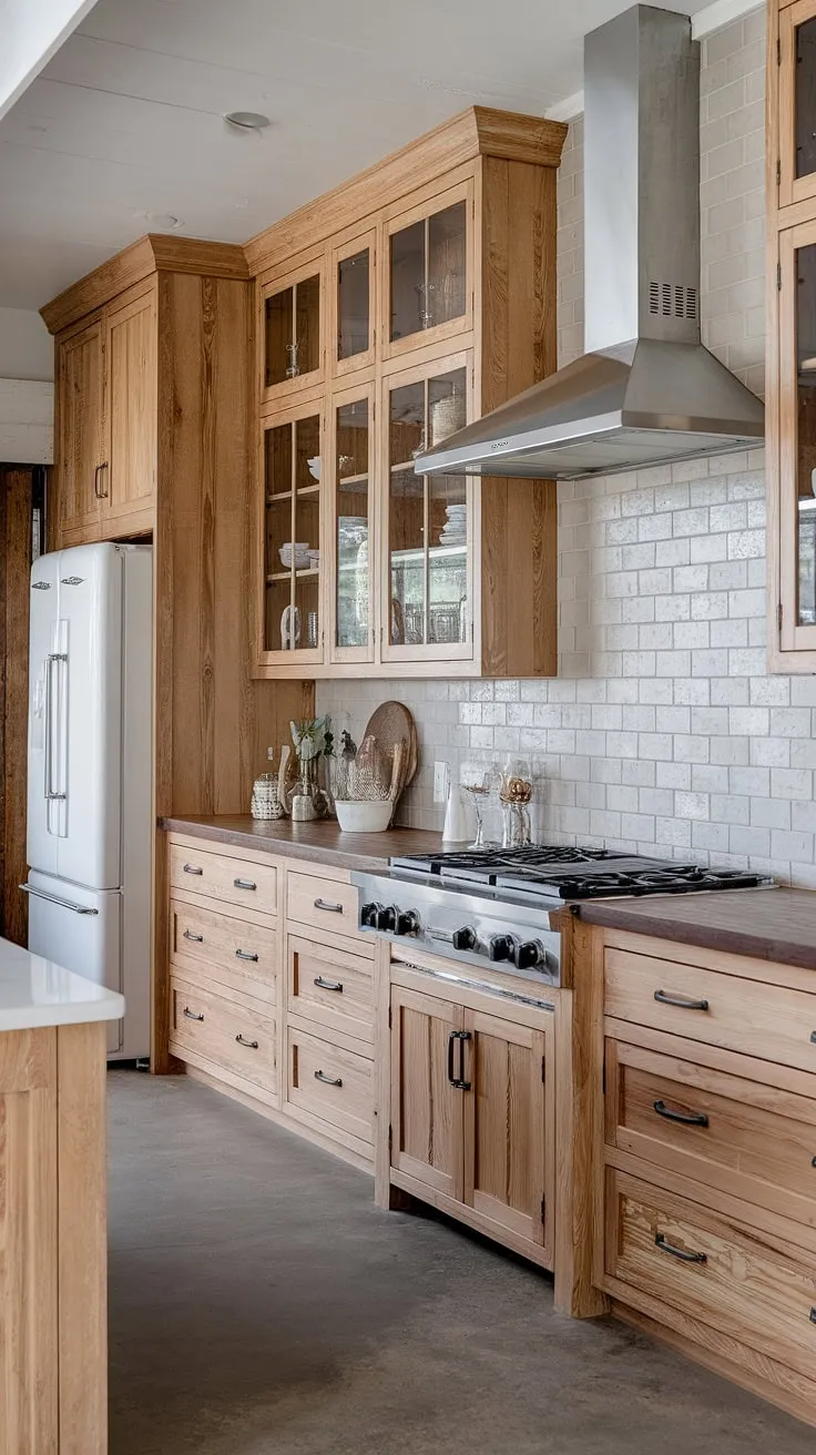 This rustic modern kitchen showcases light wood pine cabinets and white countertops, blending farmhouse charm with a light and dark wood theme, complemented by a stylish gray subway tile backsplash.