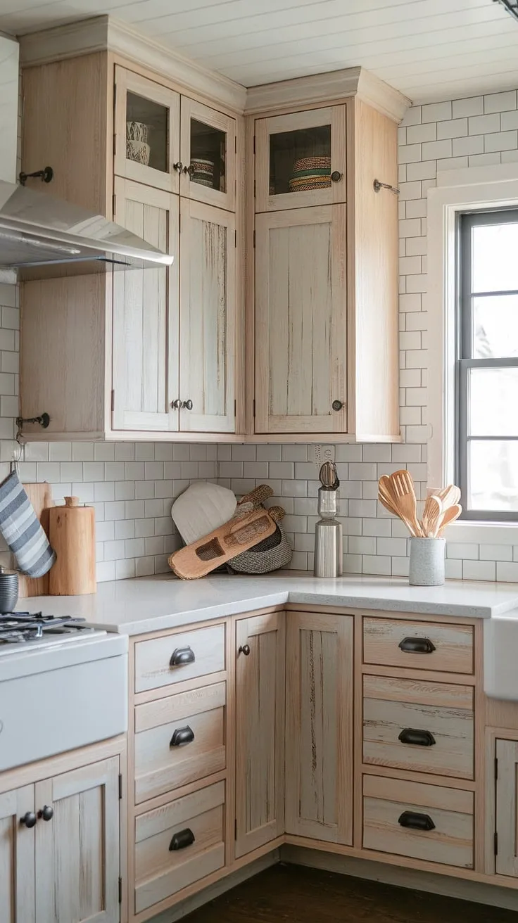 This rustic modern kitchen features light wood pine cabinets, white quartz countertops, and a charming farmhouse design enhanced by a light grey subway tile backsplash.