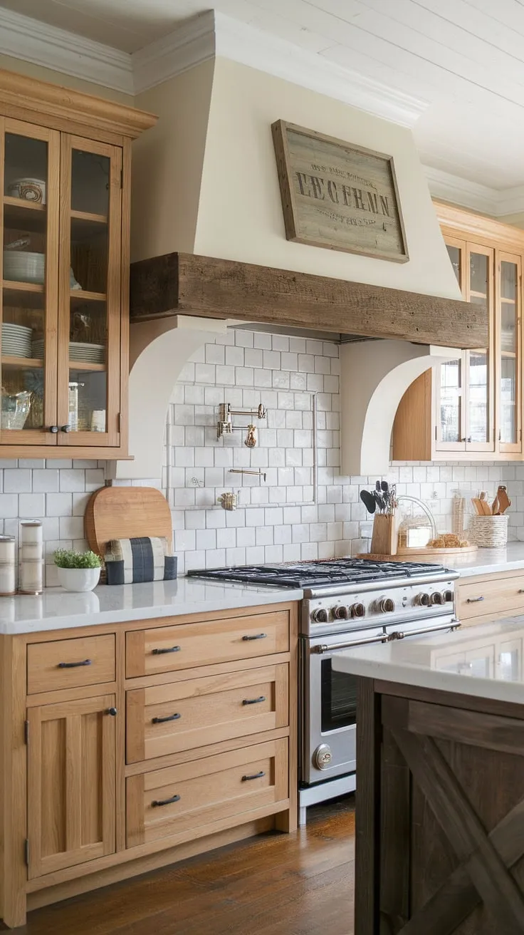 With its light and dark wood accents, this country kitchen showcases elegant wooden cabinets and white countertops, perfect for modern kitchen design enthusiasts.