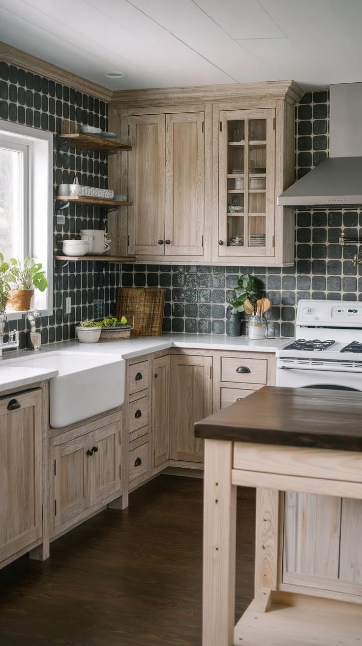 Featuring weathered pine kitchen cabinets, a white stove, and a stylish island, this country kitchen design beautifully balances rustic aesthetics with modern kitchen design.