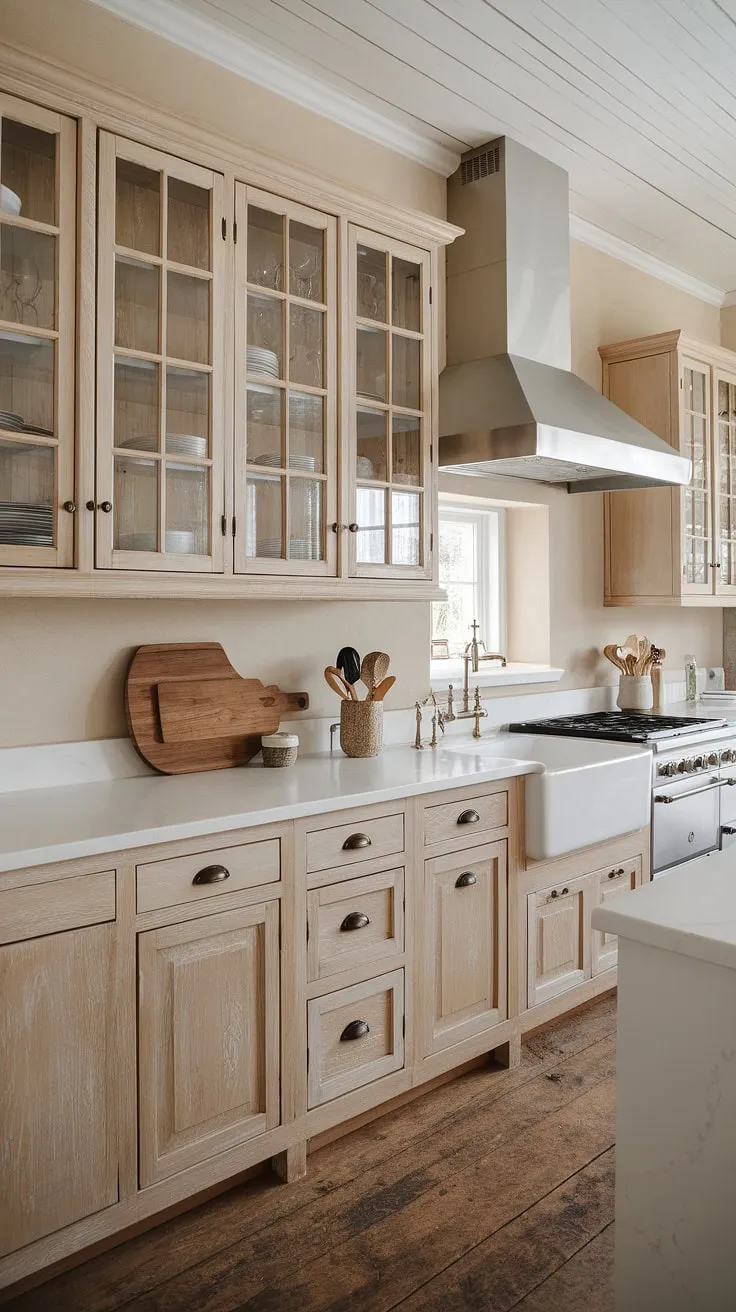Featuring light and dark wood accents, this kitchen highlights wooden pine cabinets, a stainless steel range hood, and stylish backsplash ideas for a perfect modern kitchen design.