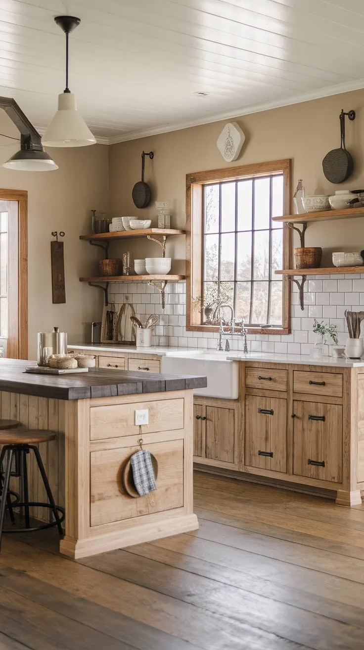 With its light wood cabinets, white countertops, and a blend of light and dark wood, this rustic modern kitchen embodies a farmhouse aesthetic, enhanced by a beautiful backsplash and a welcoming island.