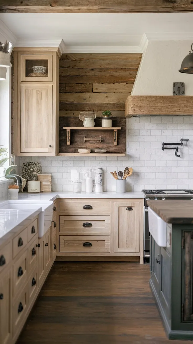 This rustic modern kitchen features light pine cabinets, white countertops, and a charming farmhouse design, complemented by a striking light and dark wood wall pattern and a textured white tile backsplash.