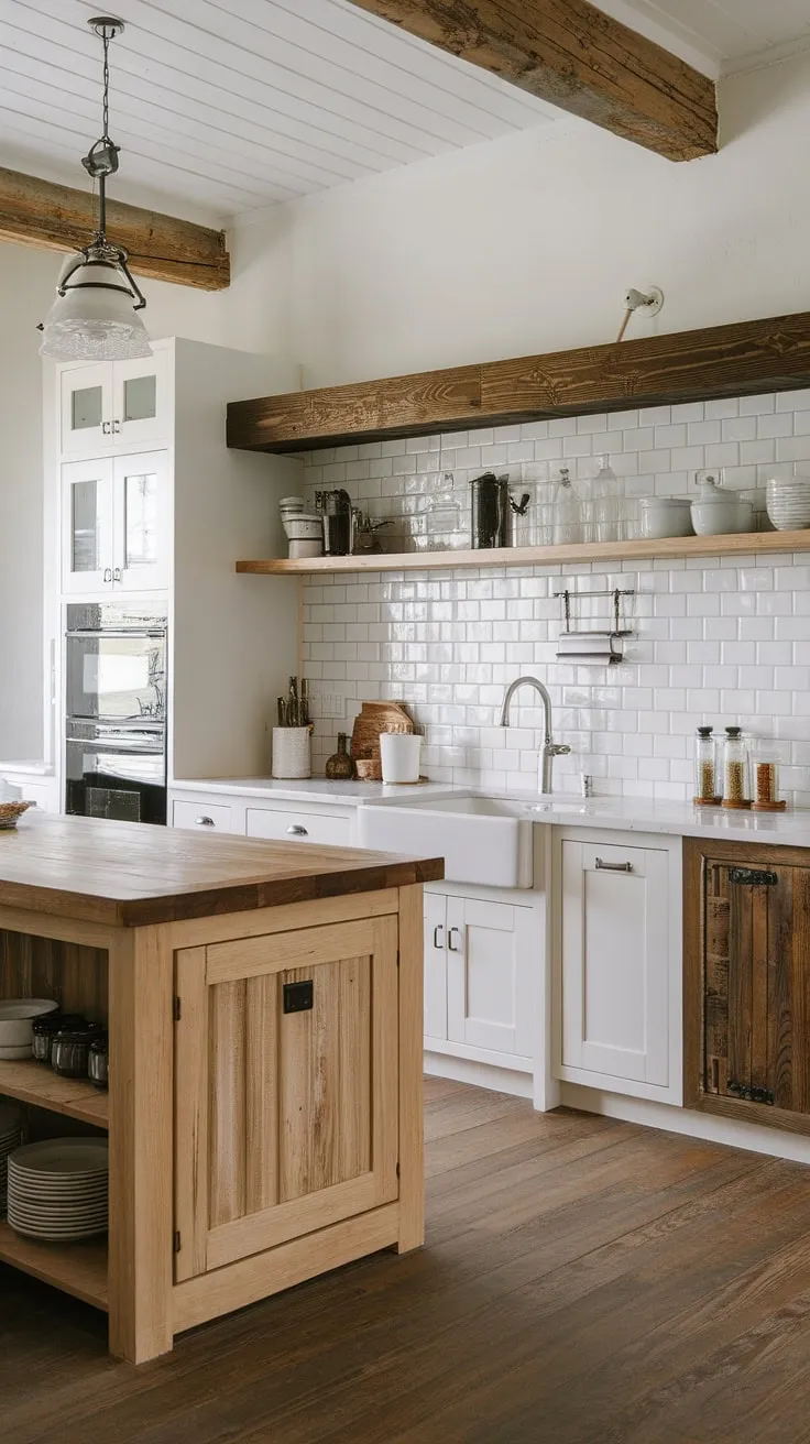 Blending rustic charm with modern kitchen design, this farmhouse-inspired space boasts light wood cabinets, white countertops, and a striking mix of light and dark wood, highlighted by a wooden island and elegant subway tile backsplash.