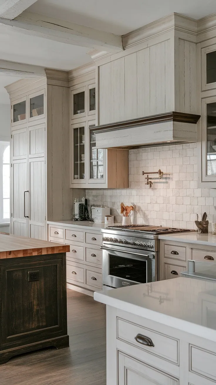 With its light and dark wood combination, this modern kitchen design showcases distressed wooden cabinets and a textured backsplash, perfectly capturing the essence of a country kitchen.