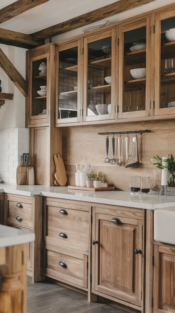 The kitchen showcases a perfect fusion of light and dark wood elements, with wooden cabinets and a modern farmhouse aesthetic that highlights creative backsplash ideas.