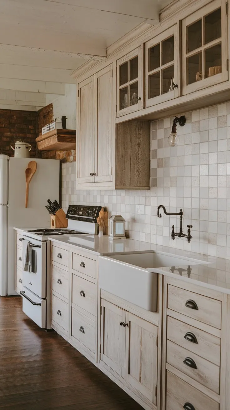 This rustic modern kitchen features light wood pine cabinets, white countertops, and a stylish backsplash of light gray and white subway tiles, blending farmhouse charm with contemporary design.