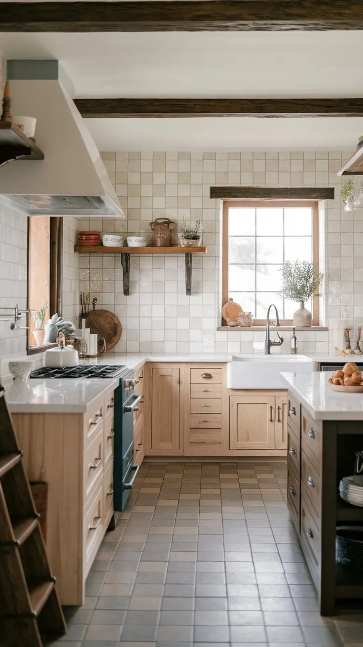 With its light and dark wood accents, this country kitchen design showcases wooden pine cabinets and modern appliances, creating a perfect blend of rustic charm and contemporary elegance.