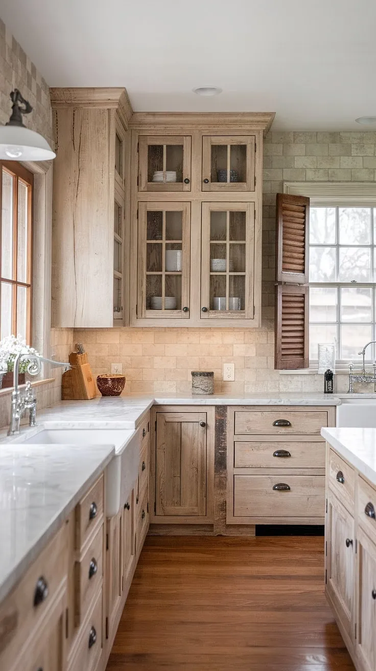 This rustic modern kitchen features light wood pine cabinets, white marble countertops, and a stylish backsplash, blending farmhouse charm with contemporary design.