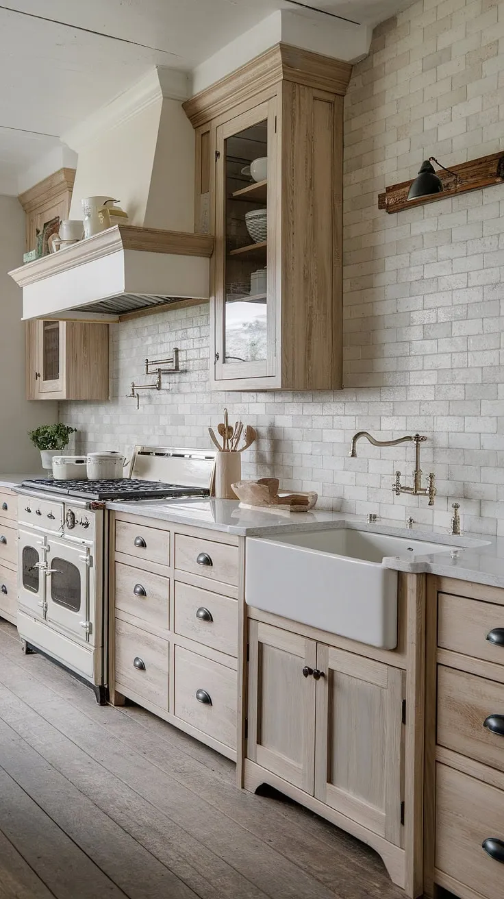 The kitchen showcases a perfect mix of rustic and modern elements with its light wood cabinets, white countertops, and a stylish backsplash, creating an inviting farmhouse atmosphere.