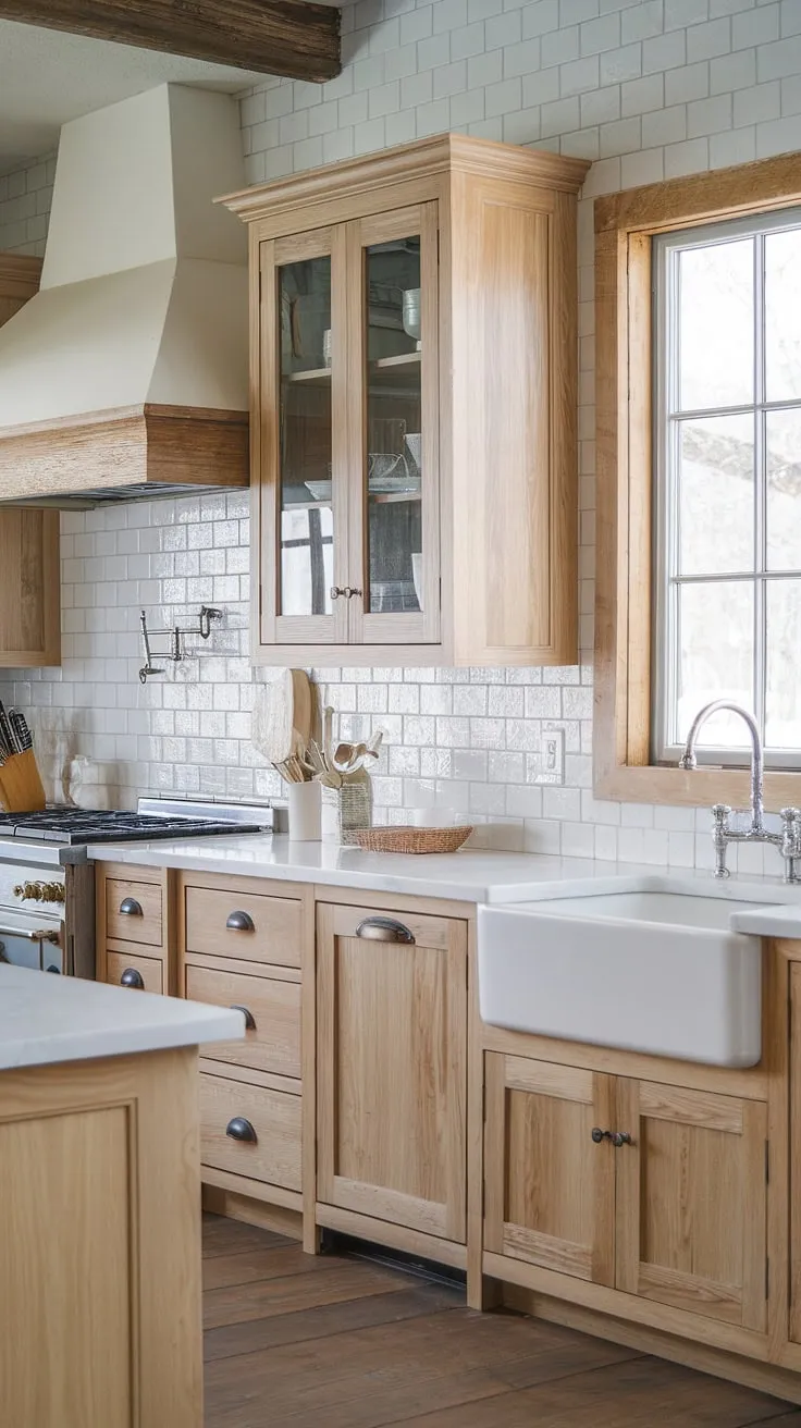 This rustic modern kitchen features light wood pine cabinets, white countertops, and a textured tile backsplash, perfectly blending farmhouse charm with contemporary design.