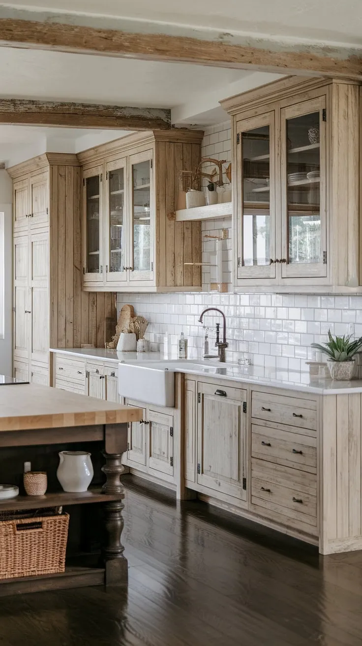 This rustic modern kitchen showcases light wood cabinets and white quartz countertops, complemented by a dark wood island and a farmhouse design that beautifully blends light and dark wood elements.