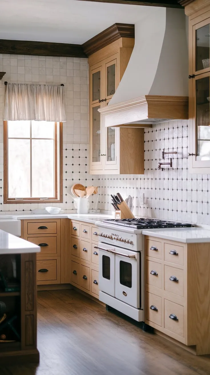 This rustic modern kitchen features light wood cabinets, white countertops, and a stylish combination of light and dark wood, showcasing innovative kitchen backsplash ideas in a charming farmhouse design.