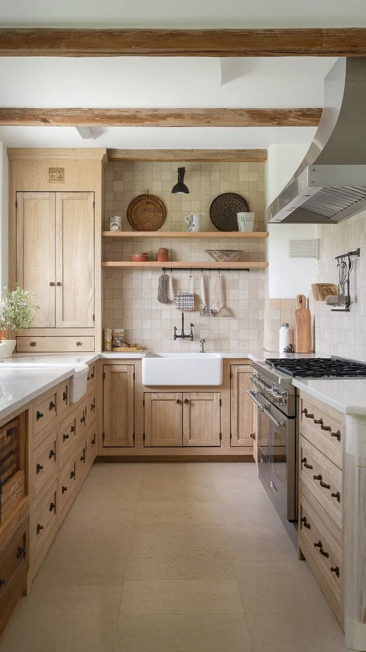 With its pine kitchen cabinets, white farmhouse sink, and modern kitchen design, this country kitchen showcases beautiful kitchen backsplash ideas and a warm, inviting atmosphere.