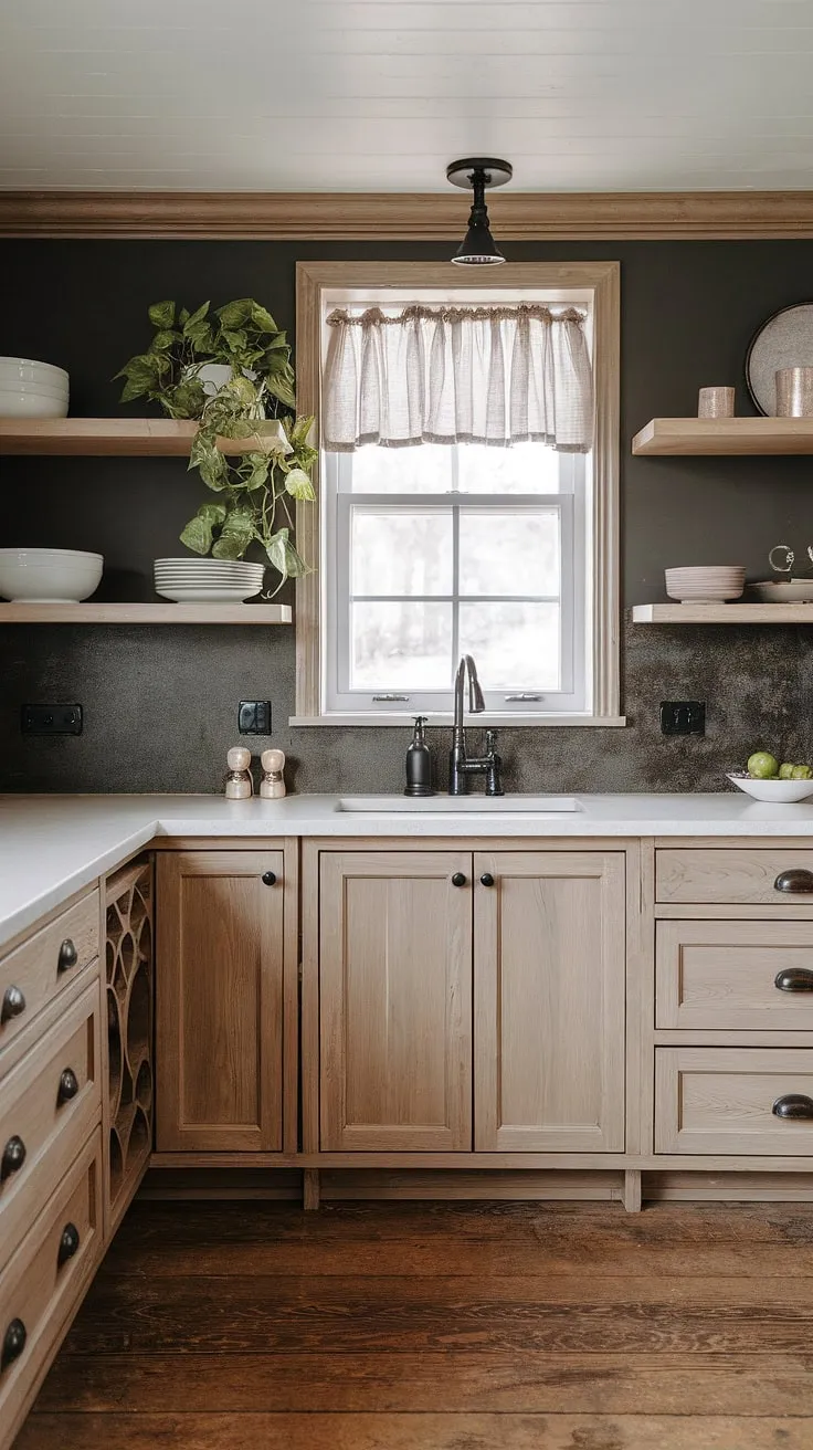 The combination of light wood cabinets, white countertops, and a dark backsplash creates a stunning rustic modern kitchen that beautifully balances farmhouse charm and modern kitchen design.