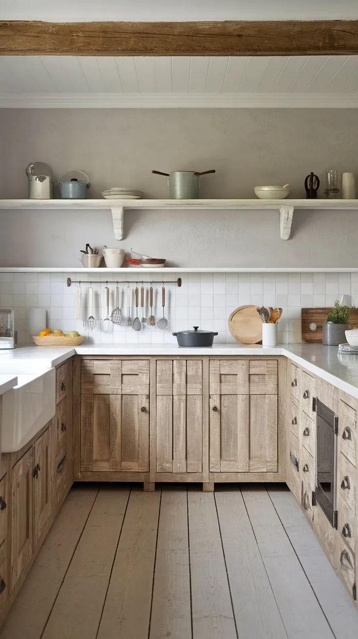 With its light and dark wood accents, this country kitchen design showcases distressed pine cabinets and a modern aesthetic, perfect for inspiring kitchen backsplash ideas.