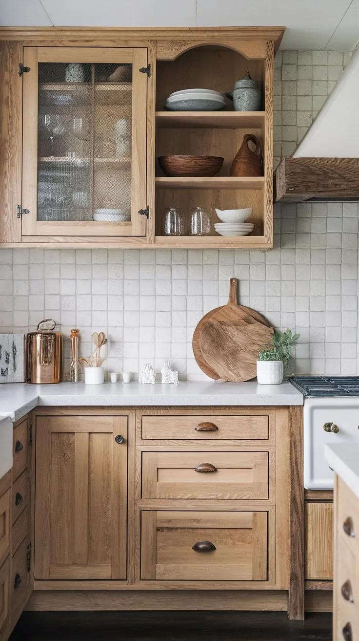 This rustic modern kitchen features light wood pine cabinets, white countertops, and a stylish backsplash, blending farmhouse charm with contemporary design.