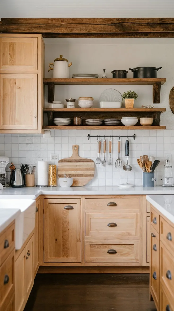 Featuring light wood cabinets and white countertops, this rustic modern kitchen blends farmhouse charm with contemporary design through its unique light and dark wood elements and stylish backsplash.