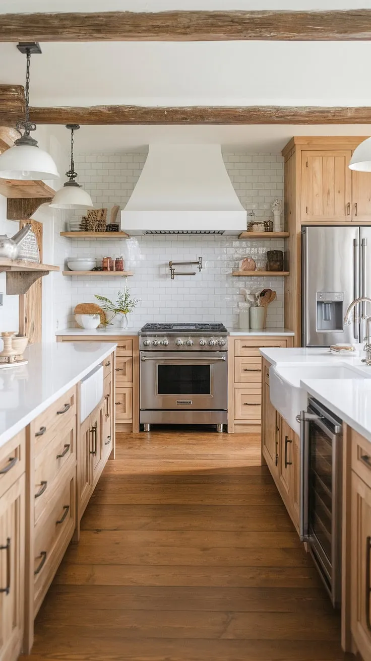 With its light wood cabinets, white countertops, and a blend of rustic and modern design, this farmhouse kitchen showcases beautiful wooden elements and creative backsplash ideas.