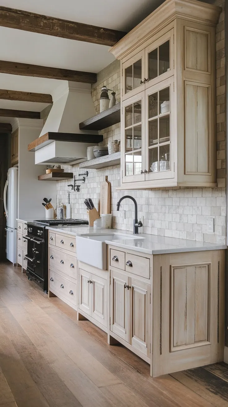 With its light wood cabinets, white countertops, and a unique mix of light and dark wood accents, this rustic modern kitchen embodies the essence of a country kitchen design.