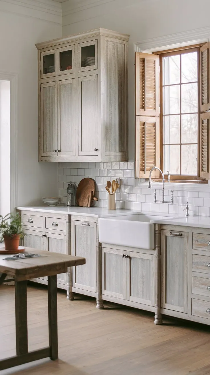 With its distressed pine kitchen cabinets, white countertops, and inviting farmhouse sink, this rustic modern kitchen beautifully showcases country kitchen design and stylish kitchen backsplash ideas.