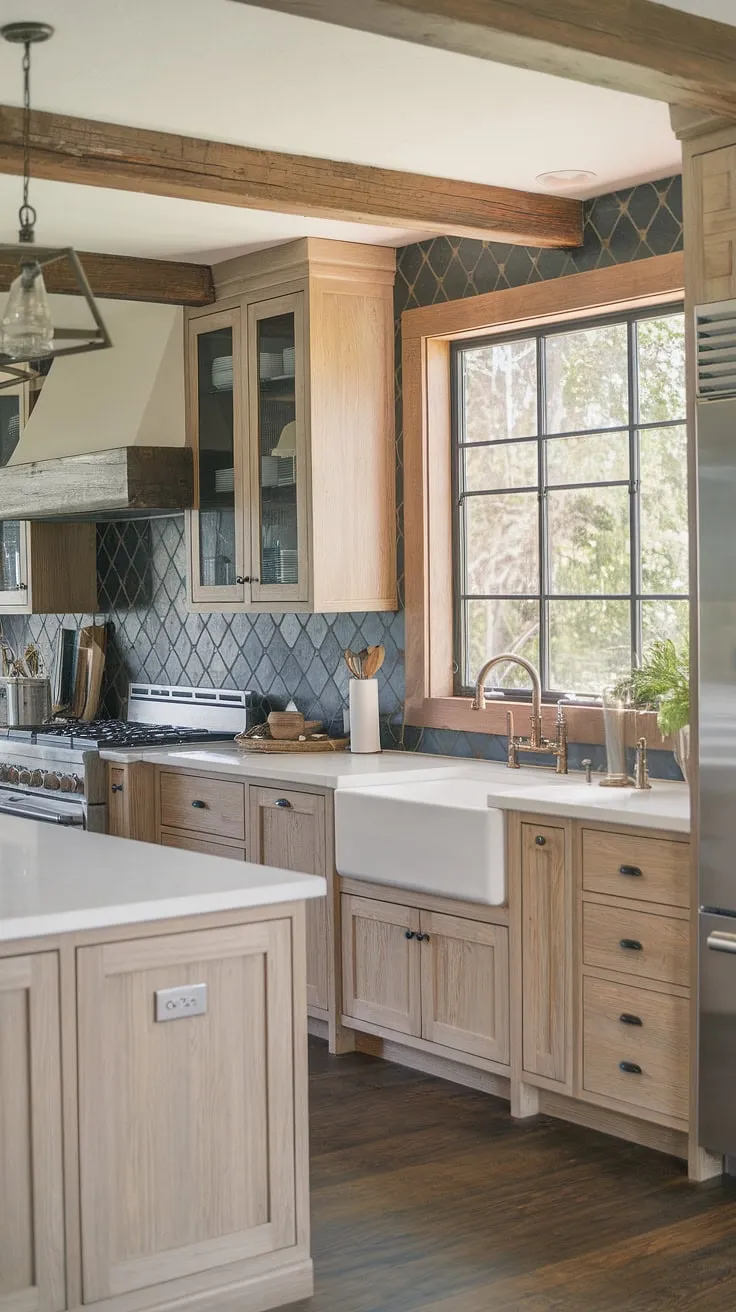 This rustic modern kitchen features light wood cabinets, white countertops, and a striking light and dark wood combination, complemented by a unique dark tile backsplash and a view of greenery.
