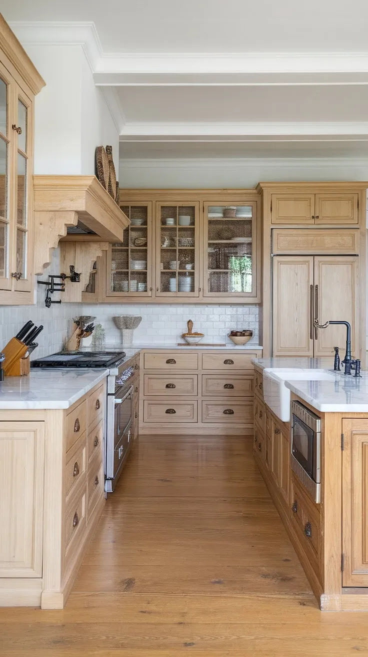 The kitchen showcases light wood cabinets and white countertops, creating a perfect harmony of rustic modern style and country kitchen design.