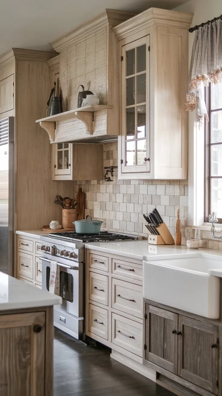 This rustic modern kitchen features light wood cabinets with a distressed finish, white countertops, and a charming farmhouse design complemented by a striking light and dark wood backsplash.