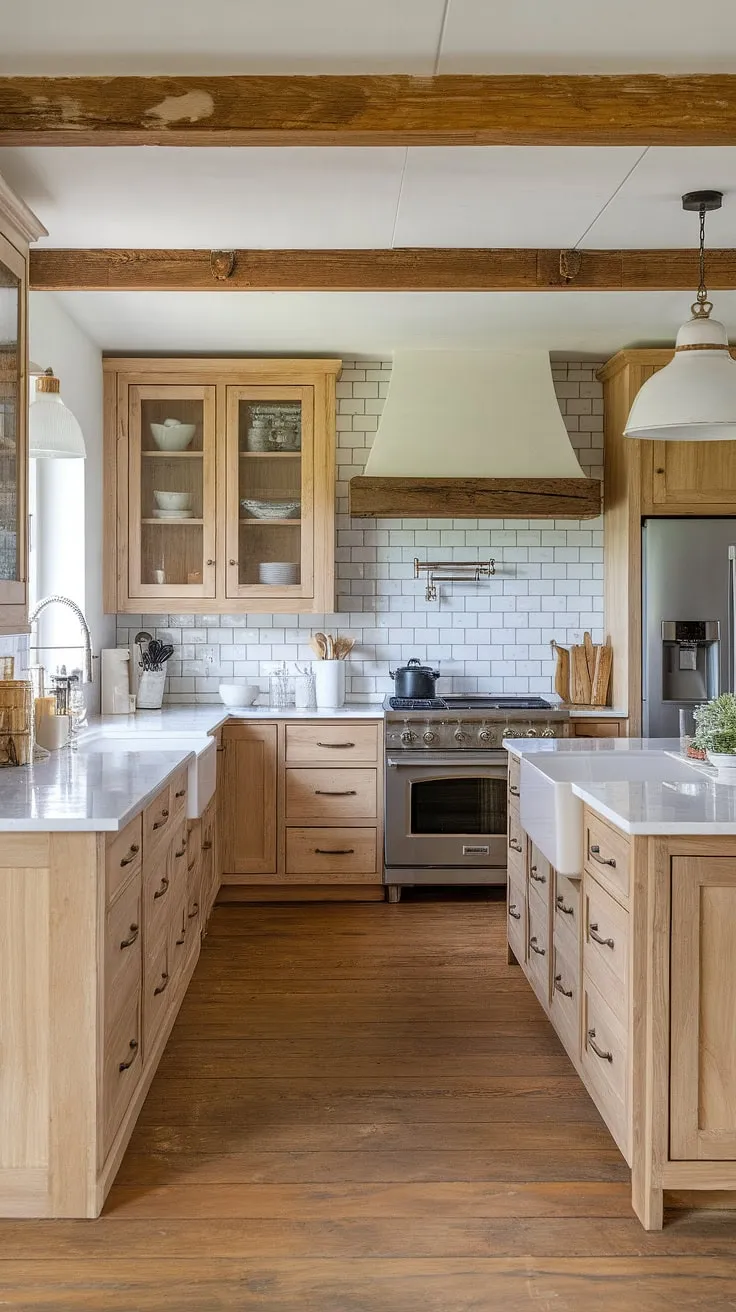 A rustic modern kitchen featuring light pine cabinets, white countertops, and a charming farmhouse design, complemented by a stylish backsplash and a blend of light and dark wood elements.