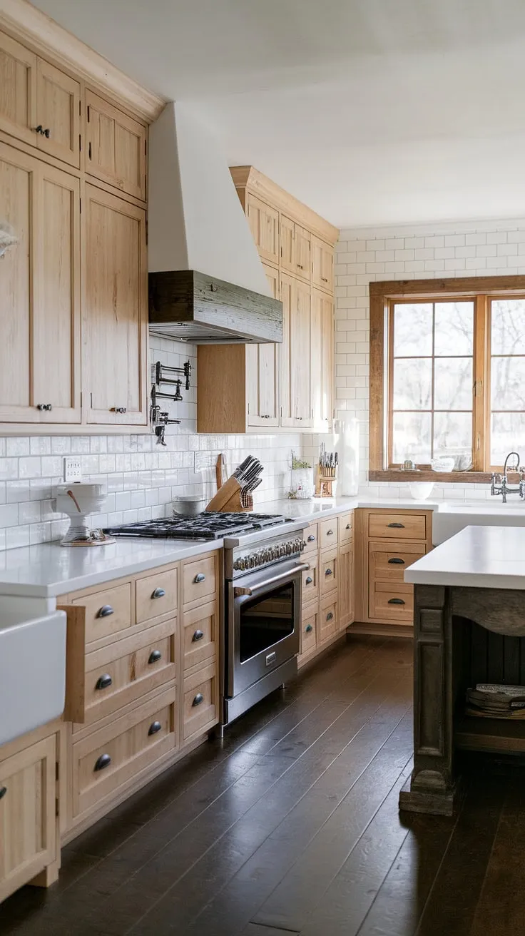 This rustic modern kitchen features light wood cabinets, white countertops, and a dark wood island, perfectly blending farmhouse and country kitchen design with stylish backsplash ideas.