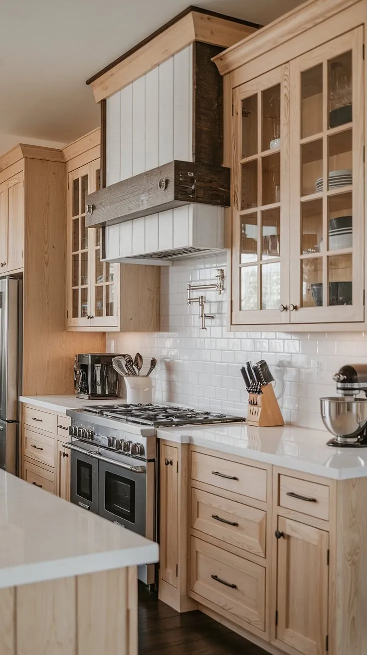This rustic modern kitchen showcases light wood cabinets and white countertops, blending farmhouse charm with sleek modern design and stylish backsplash ideas.