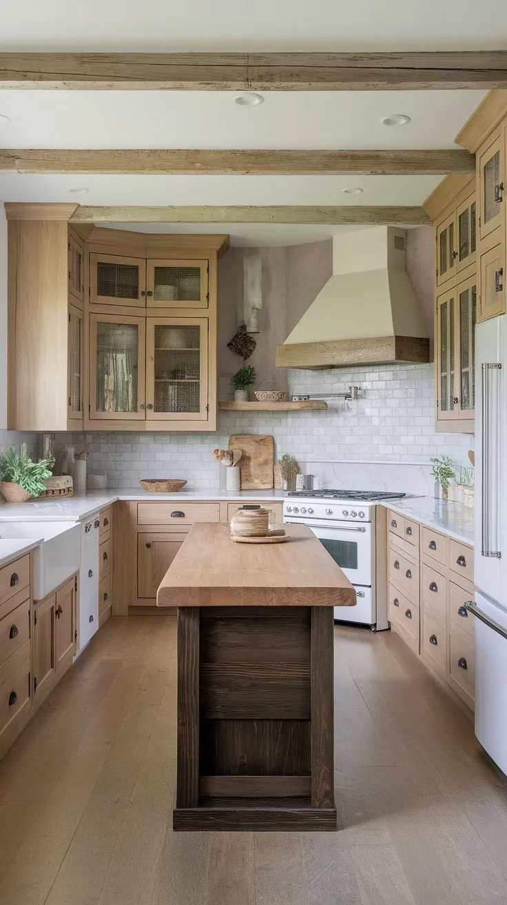 The kitchen showcases light wood cabinets and white countertops alongside a dark wood island, creating a stunning rustic modern space that highlights farmhouse aesthetics and innovative kitchen backsplash ideas.