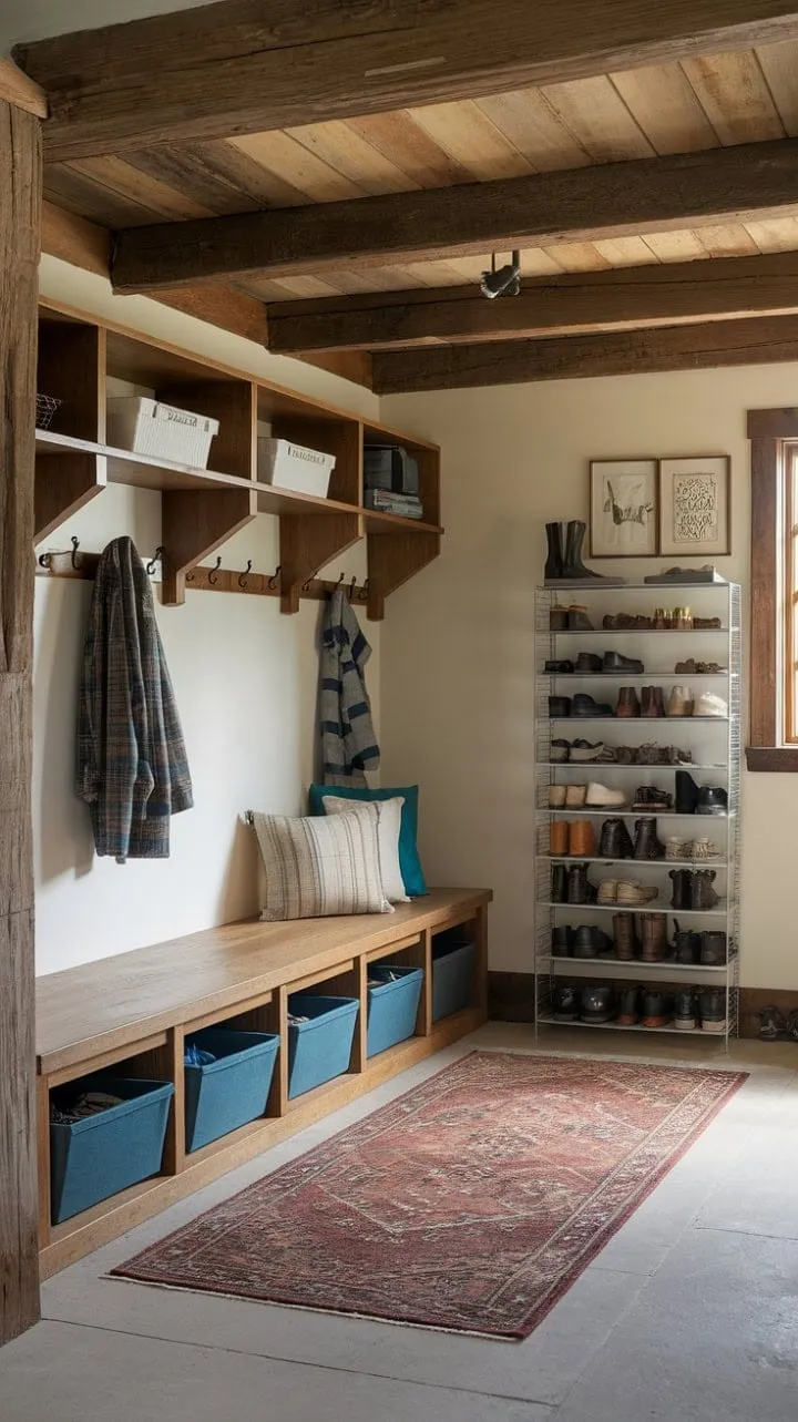 Step into a charming and organized mudroom where rustic elegance meets practical design, complete with a utility boot room and cozy wooden accents.
