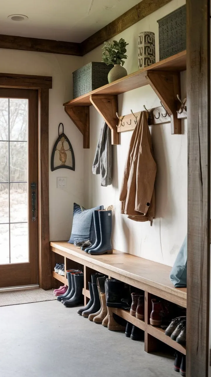 This mudroom, a charming fusion of rustic wood and practical storage, embodies the essence of simple living, where the stories of family and friends unfold with quiet grace.