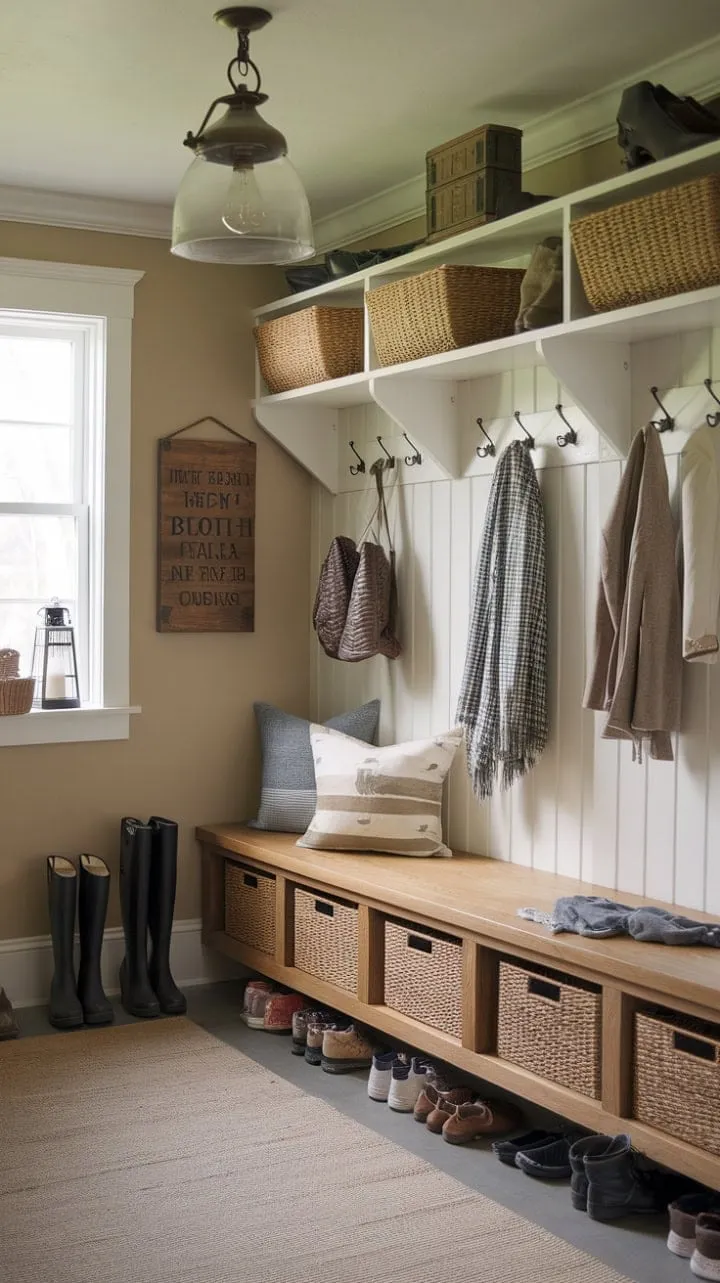 This cozy rustic mudroom, adorned with vintage lighting and charming details, invites you to unwind and shed the day's adventures in style.