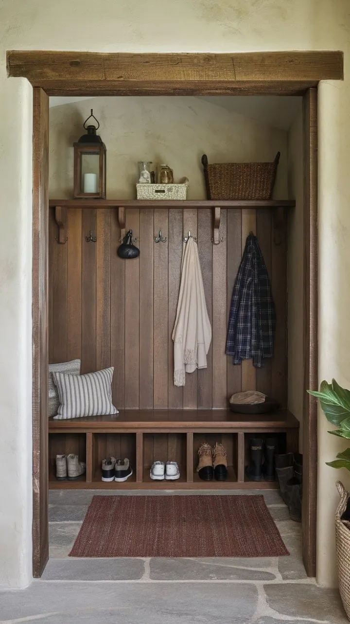 Step into a cozy retreat where rustic charm meets practicality, highlighted by a handcrafted bench and a stylish coat rack.