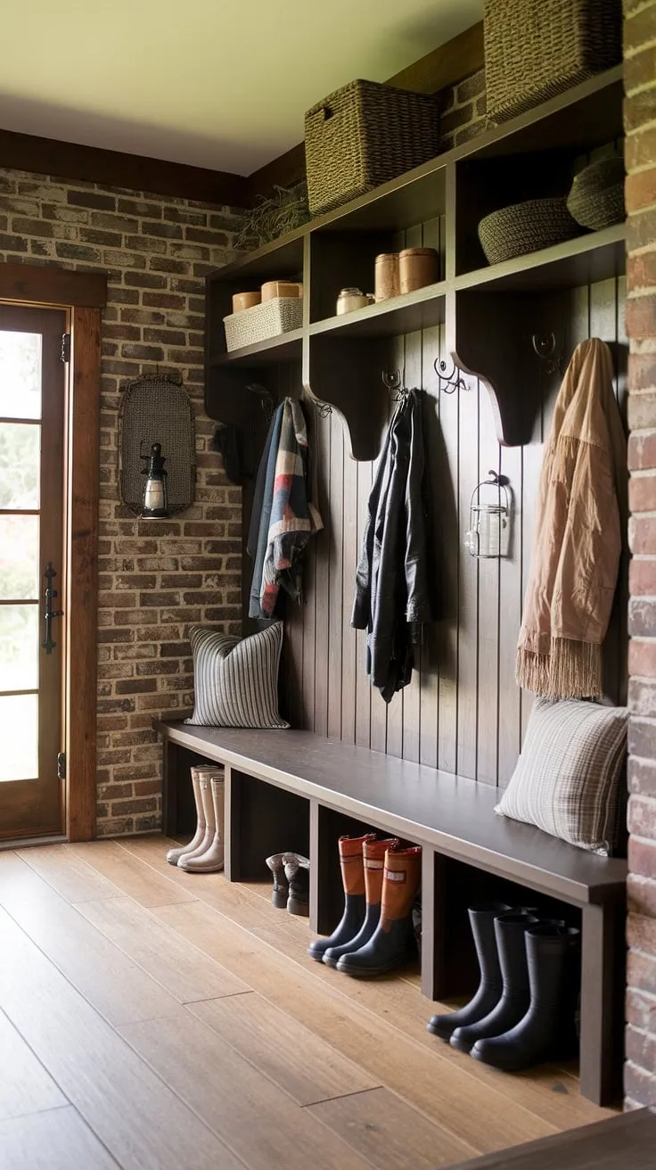 Step into cozy practicality. This rustic mudroom, complete with a built-in bench, ample shelving, and sturdy hooks, keeps everything organized and within easy reach. A perfect blend of form and function, it's the heart of home's entryway, welcoming you in from the elements.