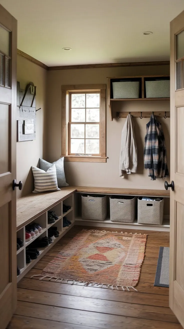 This charming mudroom is the epitome of rustic elegance. The thoughtful design, featuring a convenient bench with storage, a dedicated shoe shelf, and ample coat hooks, ensures a clutter-free entryway. The warm tones and natural materials create a space that's both inviting and incredibly practical.