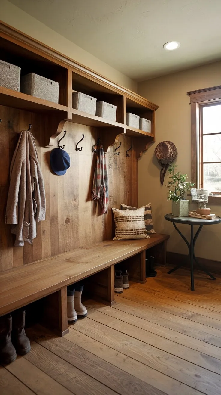 This charming mudroom seamlessly blends rustic charm with practical storage solutions. The wooden bench and overhead shelving provide ample space for boots and outdoor essentials, while the wall hooks keep everything within easy reach. The earthy tones and natural light create a warm and inviting atmosphere, making this a truly functional and beautiful addition to any home.