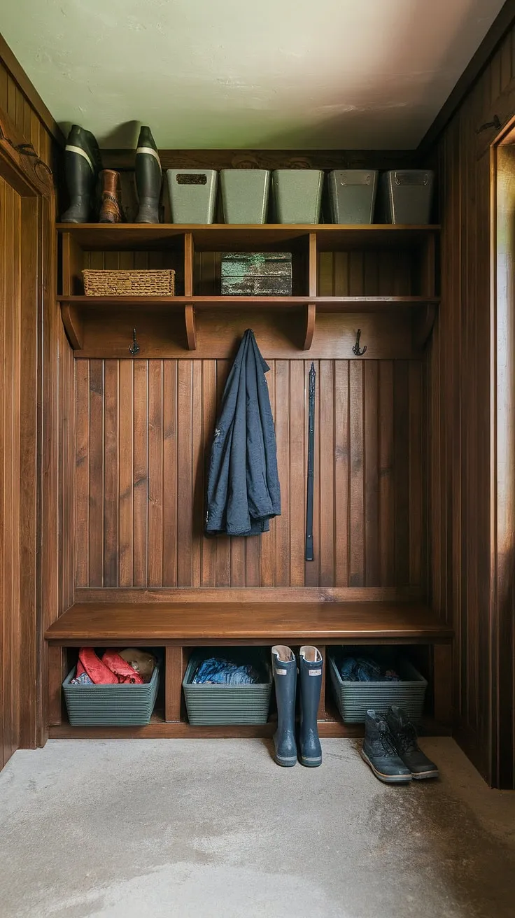Step into this cozy and functional rustic mudroom, where practicality meets charm. The built-in bench with storage bins, coat rack, and shelving provide ample space to organize coats, boots, and other essentials, keeping everything tidy and within easy reach. The warm wood paneling and concrete floor create a durable and inviting atmosphere, perfect for shedding the day's adventures.