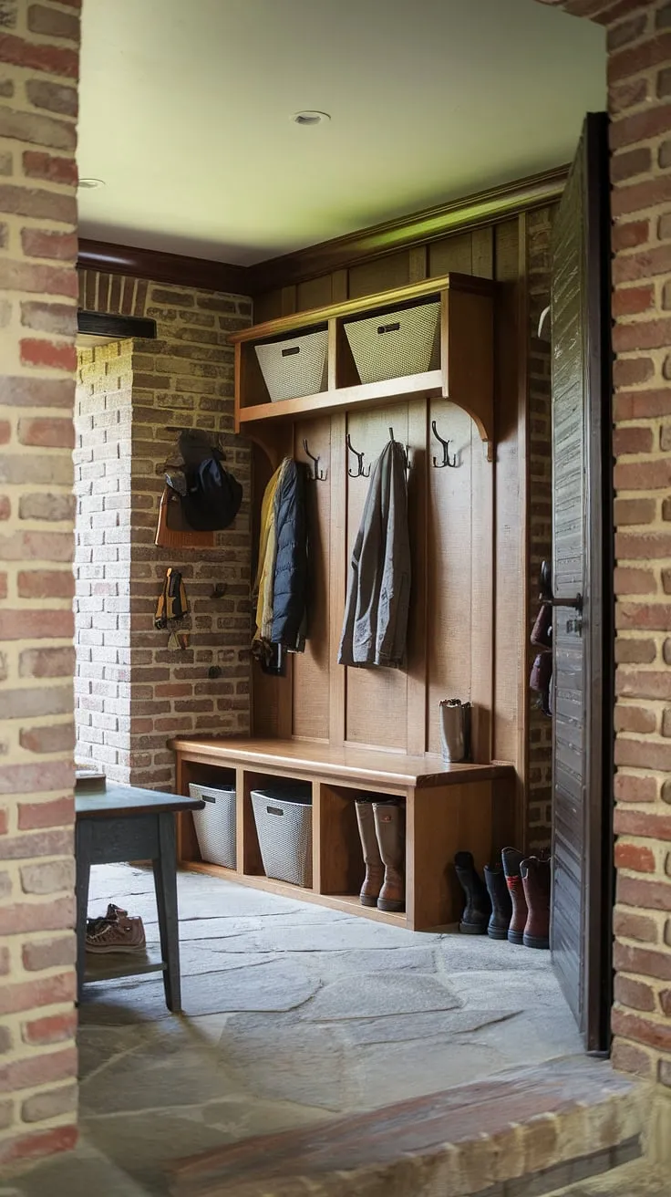 This A-frame style mudroom is the perfect blend of rustic charm and functional design. A thoughtfully designed space, it features a convenient boot rack, a rustic wooden bench with storage bins, and ample wall hooks for coats and hats. The stone floor and exposed brick walls add character, making this A-frame mudroom a truly inviting entryway.
